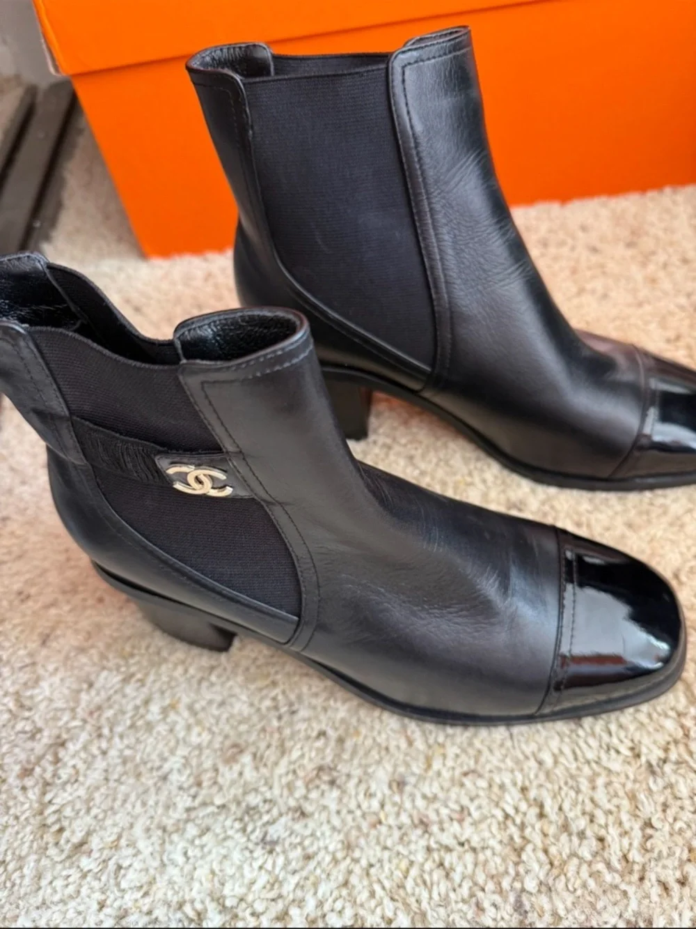 Black Leather Cap-Toe Ankle Boots with CC Logo - Picture 3 of 3